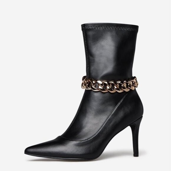 NIB Black Faux Leather Chain Link Pointed Toe Booties - Picture 4 of 8